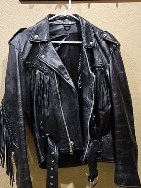 Black Fringe Leather Biker Jacket - Women